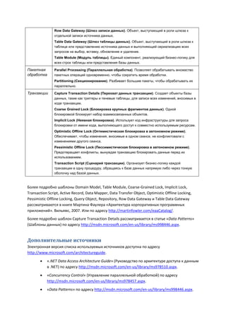Row Data Gateway (Шлюз записи данных). Объект, выступающий в роли шлюза к
               отдельной записи источника данных.
               Table Data Gateway (Шлюз таблицы данных). Объект, выступающий в роли шлюза к
               таблице или представлению источника данных и выполняющий сериализацию всех
               запросов на выбор, вставку, обновление и удаление.
               Table Module (Модуль таблицы). Единый компонент, реализующий бизнес-логику для
               всех строк таблицы или представления базы данных.

Пакетная       Parallel Processing (Параллельная обработка). Позволяет обрабатывать множество
обработка      пакетных операций одновременно, чтобы сократить время обработки.
               Partitioning (Секционирование). Разбивает большие пакеты, чтобы обрабатывать их
               параллельно.

Транзакции     Capture Transaction Details (Перехват данных транзакции). Создает объекты базы
               данных, такие как триггеры и теневые таблицы, для записи всех изменений, вносимых в
               ходе транзакции.
               Coarse Grained Lock (Блокировка крупных фрагментов данных). Одной
               блокировкой блокирует набор взаимосвязанных объектов.
               Implicit Lock (Неявная блокировка). Использует код инфраструктуры для запроса
               блокировки от имени кода, выполняющего доступ к совместно используемым ресурсам.
               Optimistic Offline Lock (Оптимистическая блокировка в автономном режиме).
               Обеспечивает, чтобы изменения, вносимые в одном сеансе, не конфликтовали с
               изменениями другого сеанса.
               Pessimistic Offline Lock (Пессимистическая блокировка в автономном режиме).
               Предотвращает конфликты, вынуждая транзакцию блокировать данные перед их
               использованием.
               Transaction Script (Сценарий транзакции). Организует бизнес-логику каждой
               транзакции в одну процедуру, обращаясь к базе данных напрямую либо через тонкую
               оболочку над базой данных.



Более подробно шаблоны Domain Model, Table Module, Coarse-Grained Lock, Implicit Lock,
Transaction Script, Active Record, Data Mapper, Data Transfer Object, Optimistic Offline Locking,
Pessimistic Offline Locking, Query Object, Repository, Row Data Gateway и Table Data Gateway
рассматриваются в книге Мартина Фаулера «Архитектура корпоративных программных
приложений». Вильямс, 2007. Или по адресу http://martinfowler.com/eaaCatalog/.
Более подробно шаблон Capture Transaction Details рассматривается в статье «Data Patterns»
(Шаблоны данных) по адресу http://msdn.microsoft.com/en-us/library/ms998446.aspx.


Дополнительные источники
Электронная версия списка используемых источников доступна по адресу
http://www.microsoft.com/architectureguide.
          «.NET Data Access Architecture Guide» (Руководство по архитектуре доступа к данным
           в .NET) по адресу http://msdn.microsoft.com/en-us/library/ms978510.aspx.

          «Concurrency Control» (Управление параллельной обработкой) по адресу
           http://msdn.microsoft.com/en-us/library/ms978457.aspx.
          «Data Patterns» по адресу http://msdn.microsoft.com/en-us/library/ms998446.aspx.
 