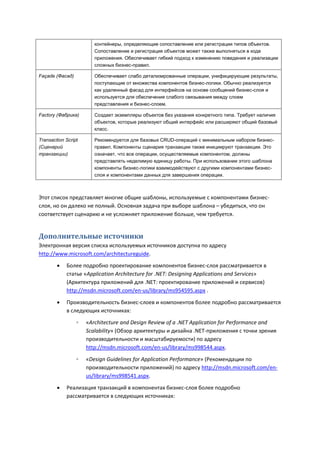 контейнеры, определяющие сопоставление или регистрации типов объектов.
                        Сопоставление и регистрация объектов может также выполняться в коде
                        приложения. Обеспечивает гибкий подход к изменению поведения и реализации
                        сложных бизнес-правил.

Façade (Фасад)          Обеспечивает слабо детализированные операции, унифицирующие результаты,
                        поступающие от множества компонентов бизнес-логики. Обычно реализуется
                        как удаленный фасад для интерфейсов на основе сообщений бизнес-слоя и
                        используется для обеспечения слабого связывания между слоем
                        представления и бизнес-слоем.

Factory (Фабрика)       Создает экземпляры объектов без указания конкретного типа. Требует наличия
                        объектов, которые реализуют общий интерфейс или расширяют общий базовый
                        класс.

Transaction Script      Рекомендуется для базовых CRUD-операций с минимальным набором бизнес-
(Сценарий               правил. Компоненты сценария транзакции также инициируют транзакции. Это
транзакции)             означает, что все операции, осуществляемые компонентом, должны
                        представлять неделимую единицу работы. При использовании этого шаблона
                        компоненты бизнес-логики взаимодействуют с другими компонентами бизнес-
                        слоя и компонентами данных для завершения операции.



Этот список представляет многие общие шаблоны, используемые с компонентами бизнес-
слоя, но он далеко не полный. Основная задача при выборе шаблона – убедиться, что он
соответствует сценарию и не усложняет приложение больше, чем требуется.


Дополнительные источники
Электронная версия списка используемых источников доступна по адресу
http://www.microsoft.com/architectureguide.
           Более подробно проектирование компонентов бизнес-слоя рассматривается в
            статье «Application Architecture for .NET: Designing Applications and Services»
            (Архитектура приложений для .NET: проектирование приложений и сервисов)
            http://msdn.microsoft.com/en-us/library/ms954595.aspx .

           Производительность бизнес-слоев и компонентов более подробно рассматривается
            в следующих источниках:
                 ◦   «Architecture and Design Review of a .NET Application for Performance and
                     Scalability» (Обзор архитектуры и дизайна .NET-приложения с точки зрения
                     производительности и масштабируемости) по адресу
                     http://msdn.microsoft.com/en-us/library/ms998544.aspx.

                 ◦   «Design Guidelines for Application Performance» (Рекомендации по
                     производительности приложений) по адресу http://msdn.microsoft.com/en-
                     us/library/ms998541.aspx.

           Реализация транзакций в компонентах бизнес-слоя более подробно
            рассматривается в следующих источниках:
 