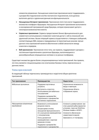 элементов управления. Насыщенные клиентские приложения могут поддерживать
        сценарии без подключения или без постоянного подключения, если должны
        выполнять доступ к удаленным данным или функциональности.

       Насыщенные Интернет-приложения. Приложения этого типа могут поддерживать
        множество платформ и браузеров. Насыщенные Интернет-приложения выполняются
        в изолированной программной среде браузера, которая ограничивает доступ к
        некоторым возможностям клиента.
       Сервисные приложения. Сервисы предоставляют бизнес-функциональность для
        совместного использования и позволяют клиентам доступ к ней из локальной или
        удаленной системы. Вызов операций сервиса осуществляется с помощью сообщений,
        соответствующих XML-схемам и передаваемых по транспортным каналам. Целью
        данного типа приложений является обеспечение слабой связанности между
        клиентом и сервером.

       Веб-приложения. Приложения этого типа, как правило, поддерживают сценарии с
        постоянным подключением и различные браузеры, выполняющиеся в
        разнообразнейших операционных системах и на разных платформах.

Существует множество других более специализированных типов приложений. Как правило,
эти типы являются специализациями или сочетаниями базовых типов, перечисленных в
данном списке.

Типы приложений
В следующей таблице перечислены преимущества и недостатки общих архетипов
приложений.

Тип приложения               Преимущества                     Недостатки
Мобильные приложения         Поддержка портативных            Ограниченные возможности
                             устройств.                       ввода и навигации.
                             Доступность и простота           Ограниченная область
                             использования для мобильных      отображения экрана.
                             пользователей.
                             Поддержка сценариев без
                             подключения и сценариев без
                             постоянного подключения.

Насыщенные клиентские        Возможность использования        Сложность развертывания; при
приложения                   ресурсов клиента.                этом широкий выбор вариантов
                             Лучшее время отклика,            установки, таких как ClickOnce,
                             насыщенная функциональность      Windows Installer и XCOPY.
                             UI и улучшенное взаимодействие   Сложности обеспечения
                             с пользователем.                 совместимости версий.
                             Очень динамичное                 Зависимость от платформы.
                             взаимодействие с коротким
                             временем отклика.
                             Поддержка сценариев без
                             подключения и сценариев без
 