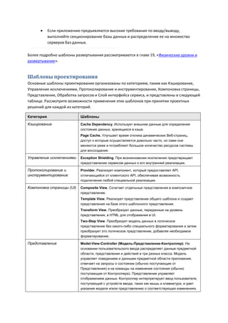      Если приложению предъявляются высокие требования по вводу/выводу,
            выполняйте секционирование базы данных и распределение ее на множество
            серверов баз данных.

Более подробно шаблоны развертывания рассматриваются в главе 19, «Физические уровни и
развертывание».


Шаблоны проектирования
Основные шаблоны проектирования организованы по категориям, таким как Кэширование,
Управление исключениями, Протоколирование и инструментирование, Компоновка страницы,
Представление, Обработка запросов и Слой интерфейса сервиса, и представлены в следующей
таблице. Рассмотрите возможности применения этих шаблонов при принятии проектных
решений для каждой из категорий.

Категория                   Шаблоны
Кэширование                 Cache Dependency. Использует внешние данные для определения
                            состояния данных, хранящихся в кэше.
                            Page Cache. Улучшает время отклика динамических Веб-страниц,
                            доступ к которым осуществляется довольно часто, но сами они
                            меняются реже и потребляют большое количество ресурсов системы
                            для воссоздания.

Управление исключениями     Exception Shielding. При возникновении исключения предотвращает
                            предоставление сервисом данных о его внутренней реализации.

Протоколирование и          Provider. Реализует компонент, который предоставляет API,
инструментирование          отличающийся от клиентского API, обеспечивая возможность
                            подключения любой специальной реализации.

Компоновка страницы (UI)    Composite View. Сочетает отдельные представления в композитное
                            представление.
                            Template View. Реализует представление общего шаблона и создает
                            представления на базе этого шаблонного представления.
                            Transform View. Преобразует данные, переданные на уровень
                            представления, в HTML для отображения в UI.
                            Two-Step View. Преобразует модель данных в логическое
                            представление без какого-либо специального форматирования и затем
                            преобразует это логическое представление, добавляя необходимое
                            форматирование.

Представление               Model-View-Controller (Модель-Представление-Контроллер). На
                            основании пользовательского ввода распределяет данные предметной
                            области, представления и действий в три разных класса. Модель
                            управляет поведением и данными предметной области приложения,
                            отвечает на запросы о состоянии (обычно поступающие от
                            Представления) и на команды на изменение состояния (обычно
                            поступающие от Контроллера). Представление управляет
                            отображением данных. Контроллер интерпретирует ввод пользователя,
                            поступающий с устройств ввода, таких как мышь и клавиатура, и дает
                            указания модели и/или представлению о соответствующих изменениях.
 