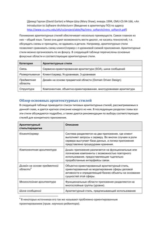 [Девид Гарлан (David Garlan) и Мери Шоу (Mary Shaw), январь 1994, CMU-CS-94-166, «An
        Introduction to Software Architecture» (Введение в архитектуру ПО) по адресу
        http://www.cs.cmu.edu/afs/cs/project/able/ftp/intro_softarch/intro_softarch.pdf]
Понимание архитектурных стилей обеспечивает несколько преимуществ. Самое главное из
них – общий язык. Также они дают возможность вести диалог, не касаясь технологий, т.е.
обсуждать схемы и принципы, не вдаваясь в детали. Например, архитектурные стили
позволяют сравнивать схему клиент/сервер с n-уровневой схемой приложения. Архитектурные
стили можно организовать по их фокусу. В следующей таблице перечислены основные
фокусные области и соответствующие архитектурные стили.

Категория          Архитектурные стили

Связь              Сервисно-ориентированная архитектура (SOA), шина сообщений

Развертывание      Клиент/сервер, N-уровневая, 3-уровневая

Предметная         Дизайн на основе предметной области (Domain Driven Design)
область

Структура          Компонентная, объектно-ориентированная, многоуровневая архитектура



Обзор основных архитектурных стилей
В следующей таблице приводится список типовых архитектурных стилей, рассматриваемых в
данной главе, и дается краткое описание каждого из них. В последующих разделах главы все
эти стили обсуждаются подробно, а также даются рекомендации по выбору соответствующих
стилей для конкретного приложения.

Архитектурный                       Описание
стиль/парадигма

Клиент/сервер                       Система разделяется на два приложения, где клиент
                                    выполняет запросы к серверу. Во многих случаях в роли
                                    сервера выступает база данных, а логика приложения
                                    представлена процедурами хранения.

Компонентная архитектура            Дизайн приложения разлагается на функциональные или
                                    логические компоненты с возможностью повторного
                                    использования, предоставляющие тщательно
                                    проработанные интерфейсы связи.

Дизайн на основе предметной         Объектно-ориентированный архитектурный стиль,
        4
области                             ориентированный на моделирование сферы деловой
                                    активности и определяющий бизнес-объекты на основании
                                    сущностей этой сферы.

Многослойная архитектура            Функциональные области приложения разделяются на
                                    многослойные группы (уровни).

Шина сообщений                      Архитектурный стиль, предписывающий использование

4
 В некоторых источниках его так же называют проблемно-ориентированным
проектированием (прим. научного редактора).
 