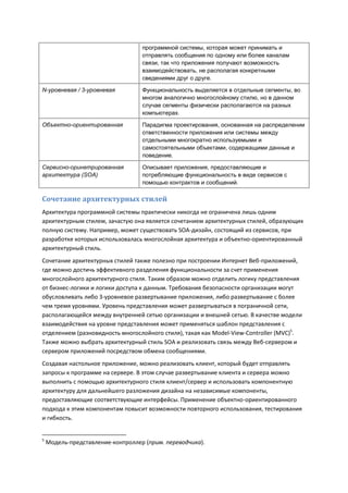 программной системы, которая может принимать и
                                   отправлять сообщения по одному или более каналам
                                   связи, так что приложения получают возможность
                                   взаимодействовать, не располагая конкретными
                                   сведениями друг о друге.

N-уровневая / 3-уровневая          Функциональность выделяется в отдельные сегменты, во
                                   многом аналогично многослойному стилю, но в данном
                                   случае сегменты физически располагаются на разных
                                   компьютерах.

Объектно-ориентированная           Парадигма проектирования, основанная на распределении
                                   ответственности приложения или системы между
                                   отдельными многократно используемыми и
                                   самостоятельными объектами, содержащими данные и
                                   поведение.

Сервисно-оринетрированная          Описывает приложения, предоставляющие и
архитектура (SOA)                  потребляющие функциональность в виде сервисов с
                                   помощью контрактов и сообщений.

Сочетание архитектурных стилей
Архитектура программной системы практически никогда не ограничена лишь одним
архитектурным стилем, зачастую она является сочетанием архитектурных стилей, образующих
полную систему. Например, может существовать SOA-дизайн, состоящий из сервисов, при
разработке которых использовалась многослойная архитектура и объектно-ориентированный
архитектурный стиль.
Сочетание архитектурных стилей также полезно при построении Интернет Веб-приложений,
где можно достичь эффективного разделения функциональности за счет применения
многослойного архитектурного стиля. Таким образом можно отделить логику представления
от бизнес-логики и логики доступа к данным. Требования безопасности организации могут
обусловливать либо 3-уровневое развертывание приложения, либо развертывание с более
чем тремя уровнями. Уровень представления может развертываться в пограничной сети,
располагающейся между внутренней сетью организации и внешней сетью. В качестве модели
взаимодействия на уровне представления может применяться шаблон представления с
отделением (разновидность многослойного стиля), такая как Model-View-Controller (MVC)5.
Также можно выбрать архитектурный стиль SOA и реализовать связь между Веб-сервером и
сервером приложений посредством обмена сообщениями.
Создавая настольное приложение, можно реализовать клиент, который будет отправлять
запросы к программе на сервере. В этом случае развертывание клиента и сервера можно
выполнить с помощью архитектурного стиля клиент/сервер и использовать компонентную
архитектуру для дальнейшего разложения дизайна на независимые компоненты,
предоставляющие соответствующие интерфейсы. Применение объектно-ориентированного
подхода к этим компонентам повысит возможности повторного использования, тестирования
и гибкость.


5
    Модель-представление-контроллер (прим. переводчика).
 