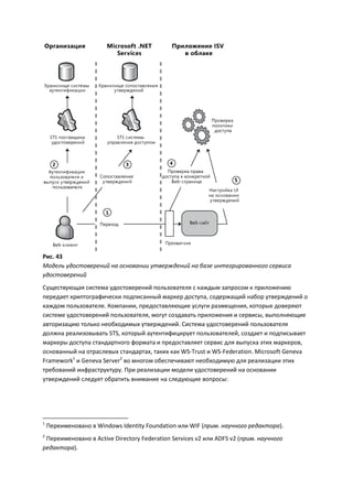 Рис. 43
Модель удостоверений на основании утверждений на базе интегрированного сервиса
удостоверений
Существующая система удостоверений пользователя с каждым запросом к приложению
передает криптографически подписанный маркер доступа, содержащий набор утверждений о
каждом пользователе. Компании, предоставляющие услуги размещения, которые доверяют
системе удостоверений пользователя, могут создавать приложения и сервисы, выполняющие
авторизацию только необходимых утверждений. Система удостоверений пользователя
должна реализовывать STS, который аутентифицирует пользователей, создает и подписывает
маркеры доступа стандартного формата и предоставляет сервис для выпуска этих маркеров,
основанный на отраслевых стандартах, таких как WS-Trust и WS-Federation. Microsoft Geneva
Framework1 и Geneva Server2 во многом обеспечивают необходимую для реализации этих
требований инфраструктуру. При реализации модели удостоверений на основании
утверждений следует обратить внимание на следующие вопросы:




1
    Переименовано в Windows Identity Foundation или WIF (прим. научного редактора).
2
 Переименовано в Active Directory Federation Services v2 или ADFS v2 (прим. научного
редактора).
 
