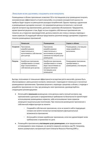 Локально или удаленно, создавать или покупать
Размещаемые в облаке приложения позволяют ISV и поставщикам услуг размещения получить
экономическую эффективность от роста масштаба; и в условиях конкурентного рынка эта
прибыль будет пущена на уменьшение расходов потребителей. Однако переход к удаленным
и размещаемым сценариям означает, что предприятия должны согласиться с частичной
утратой контроля над приложениями, данными и уровнями обслуживания. Предприятия,
кроме принятия решения о том, будут ли они создавать собственные приложения или
покупать их у сторонних производителей, должны взвесить все плюсы и минусы перехода к
таким сервисам. В следующей таблице представлены различия между сценариями создания и
покупки размещаемых приложений.

           Локальное                   Размещаемое                 Сервис в облаке

Создание   Приложение,                 Приложение,                 Размещаемая у поставщика
           разрабатываемое             разрабатываемое             среда разработки и
           самостоятельно и            самостоятельно и            выполнения.
           выполняемое в собственном   выполняемое на ресурсах
           дата-центре.                компании-поставщике услуг
                                       размещения.

Покупка    Коробочное приложение,      Коробочное приложение,      Размещаемое приложение,
           приобретаемое в готовом     приобретаемое в готовом     приобретаемое и
           виде и выполняемое в        виде и выполняемое на       размещаемое у поставщика.
           собственном дата-центре.    ресурсах компании-
                                       поставщике услуг
                                       размещения.



Выгода, получаемая от повышения эффективности вследствие роста масштаба, должна быть
сбалансирована с уменьшением контроля, связанным с переходом от локальных к полностью
размещаемым приложениям. Принимая решение о переходе к решению в облаке, о подходе к
разработке приложения и о том, где размещать свое приложение, руководствуйтесь
следующими рекомендациями:

      Используйте локальное размещение, если должны иметь полный контроль над
       приложением и данными и предъявляемые требования по безопасности препятствуют
       использованию размещаемых сервисов, либо использование таких сервисов
       запрещено национальными политиками. При локальном размещении приложения в
       собственной инфраструктуре вы можете:

              ◦   Создавайте собственное приложение, если не можете найти подходящее
                  готовое или хотите полностью контролировать функциональные
                  возможности приложения.

              ◦   Используйте готовое коробочное приложение, если оно удовлетворяет всем
                  требованиям и приемлемо по цене.
      Размещайте приложение у поставщика услуг размещения, если предполагаете
       оптимизировать свои операции, но желаете сохранить контроль над ПО. Например,
       можно развертывать настроенный пакет Enterprise Resource Planning (ERP) у
 