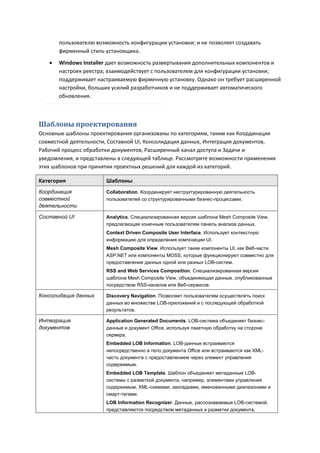пользователю возможность конфигурации установки; и не позволяет создавать
       фирменный стиль установщика.
      Windows Installer дает возможность развертывания дополнительных компонентов и
       настроек реестра; взаимодействует с пользователем для конфигурации установки;
       поддерживает настраиваемую фирменную установку. Однако он требует расширенной
       настройки, больших усилий разработчиков и не поддерживает автоматического
       обновления.



Шаблоны проектирования
Основные шаблоны проектирования организованы по категориям, таким как Координация
совместной деятельности, Составной UI, Консолидация данных, Интеграция документов,
Рабочий процесс обработки документов, Расширенный канал доступа и Задачи и
уведомления, и представлены в следующей таблице. Рассмотрите возможности применения
этих шаблонов при принятии проектных решений для каждой из категорий.

Категория               Шаблоны

Координация             Collaboration. Координирует неструктурированную деятельность
совместной              пользователей со структурированными бизнес-процессами.
деятельности

Составной UI            Analytics. Специализированная версия шаблона Mesh Composite View,
                        предлагающая конечным пользователям панель анализа данных.
                        Context Driven Composite User Interface. Использует контекстную
                        информацию для определения композиции UI.
                        Mesh Composite View. Использует такие компоненты UI, как Веб-части
                        ASP.NET или компоненты MOSS, которые функционируют совместно для
                        предоставления данных одной или разных LOB-систем.
                        RSS and Web Services Composition. Специализированная версия
                        шаблона Mesh Composite View, объединяющая данные, опубликованные
                        посредством RSS-каналов или Веб-сервисов.

Консолидация данных     Discovery Navigation. Позволяет пользователям осуществлять поиск
                        данных во множестве LOB-приложений и с последующей обработкой
                        результатов.

Интеграция              Application Generated Documents. LOB-система объединяет бизнес-
документов              данные и документ Office, используя пакетную обработку на стороне
                        сервера.
                        Embedded LOB Information. LOB-данные встраиваются
                        непосредственно в тело документа Office или встраиваются как XML-
                        часть документа с предоставлением через элемент управления
                        содержимым.
                        Embedded LOB Template. Шаблон объединяет метаданные LOB-
                        системы с разметкой документа, например, элементами управления
                        содержимым, XML-схемами, закладками, именованными диапазонами и
                        смарт-тегами.
                        LOB Information Recognizer. Данные, распознаваемые LOB-системой,
                        представляются посредством метаданных и разметки документа,
 