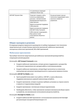 что значительно сокращает
                                 требуемый объем кода.

ASP.NET Dynamic Data             Позволяет создавать сайты,     На данный момент данную
                                 полностью управляемые          технологию поддерживают всего
                                 данными, с автоматическим      несколько элементов
                                 формированием визуального      управления.
                                 представления.
                                 Имеется встроенная поддержка
                                 LINQ-запросов.
                                 Имеется встроенная поддержка
                                 ADO.NET Entity Framework.
                                 LINQ позволяет моделировать
                                 базы данных путем
                                 сопоставления объектов и
                                 данных.



Общие сценарии и решения
В следующих разделах предлагается руководство по выбору подходящего типа технологии
представления для четырех базовых архетипов приложений: мобильных приложений,
насыщенных клиентских приложений, RIA и Веб-приложений.

Мобильные приложения
При выборе технологии представления для мобильных приложений руководствуйтесь
следующими рекомендациями:

Используйте .NET Compact Framework, если:

          Создаете мобильное приложение, которое должно поддерживать сценарии без
           постоянного подключения или сценарии работы в автономном режиме.
          Создаете мобильное приложение, которое будет выполняться на клиентском
           компьютере для улучшения производительности и уменьшения времени отклика.
Используйте ASP.NET for Mobile, если:

          Группа разработчиков имеет опыт работы с ASP.NET, и нужно обеспечить
           поддержку максимально широкой номенклатуры устройств.

          Создаете приложение, которое не должно требовать установки на стороне клиента
           и зависеть от подключаемых модулей.
          Создаете приложение с постоянным сетевым подключением.

          Необходимо обеспечить, чтобы приложение занимало минимальный объем памяти
           в устройстве, или минимальное использование ресурсов устройства.
Используйте Silverlight for Mobile, если:
          Создаете мобильное Веб-приложение с использованием возможностей Silverlight
           для реализации насыщенной визуализации и UI.
 
