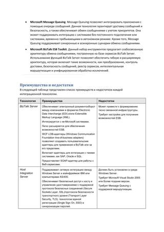    Microsoft Message Queuing. Message Queuing позволяет интегрировать приложения с
        помощью очереди сообщений. Данная технология гарантирует доставку сообщений и
        безопасность, а также обеспечивает обмен сообщениями с учетом приоритетов. Она
        может поддерживать интеграцию с системами без постоянного подключения или
        системами, временно пребывающими в автономном режиме. Кроме того, Message
        Queuing поддерживает синхронные и асинхронные сценарии обмена сообщениями.
       Microsoft BizTalk ESB Toolkit. Данный набор инструментов предлагает слабосвязанную
        архитектуру обмена сообщениями, построенную на базе сервисов BizTalk Server.
        Использование функций BizTalk Server позволяет обеспечить гибкую и расширяемую
        архитектуру, которая включает такие возможности, как преобразование, контроль
        доставки, безопасность сообщений, реестр сервисов, интеллектуальная
        маршрутизация и унифицированная обработка исключений.



Преимущества и недостатки
В следующей таблице представлен список преимуществ и недостатков каждой
интеграционной технологии.

Технология       Преимущества                                 Недостатки
BizTalk Server   Обеспечивает электронный документооборот     Может привести к формированию
                 между компаниями в форматах Electronic       тесно связанной инфраструктуры.
                 Data Interchange (EDI) и/или Extensible      Требует настройки для получения
                 Markup Language (XML).                       возможностей ESB.
                 Интегрируется с не-Microsoft системами.
                 Легко расширяется для обеспечения
                 возможностей ESB.
                 WCF LOB-адаптеры (Windows Communication
                 Foundation line-of-business adapters)
                 позволяют создавать пользовательские
                 адаптеры для применения в BizTalk или за
                 его пределами.
                 Включает адаптеры для интеграции с такими
                 системами, как SAP, Oracle и SQL.
                 Предоставляет SOAP-адаптер для работы с
                 Веб-сервисами.

Host             Поддерживает сетевую интеграцию между        Должен быть установлен в среде
Integration      Windows Server и мэйнфреймом IBM или         Windows Server.
Server           компьютерами AS/400.                         Требует Microsoft Visual Studio 2005
                 Обеспечивает безопасный доступ к хосту и     или более поздние версии.
                 управление удостоверениями с поддержкой      Требует Message Queuing с
                 протокола безопасных соединений (Secure      поддержкой маршрутизации.
                 Sockets Layer, SSL)/протокола безопасности
                 транспортного уровня (Transport Layer
                 Security, TLS), технологии единой
                 регистрации (Single Sign On, SSO) и
                 синхронизации паролей.
 