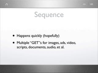 Sequence

?   Happens quickly (hopefully)

?   Multiple GETs for images, ads, video,
    scripts, documents, audio, et al.
 