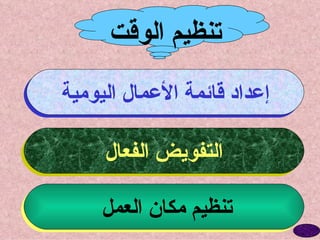 تنظيم الوقت إعداد قائمة الأعمال اليومية التفويض الفعال تنظيم مكان العمل  