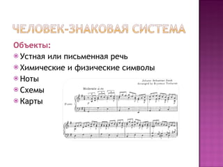 Объекты: Устная или письменная речь Химические и физические символы Ноты Схемы Карты 
