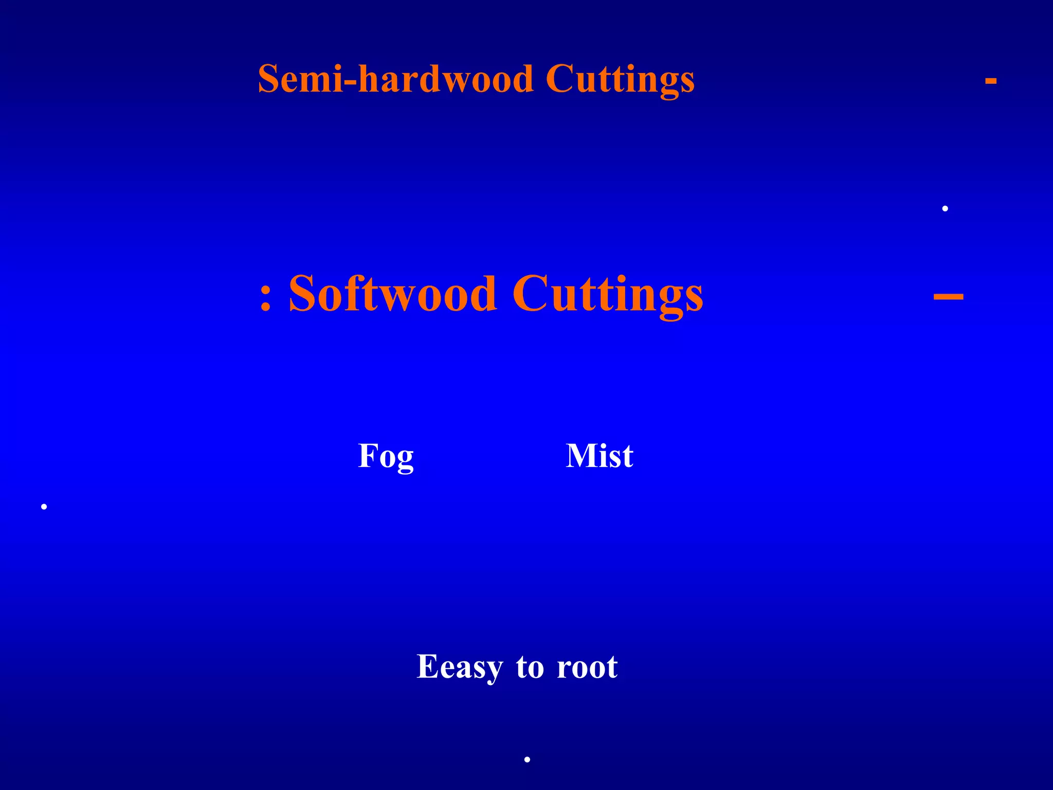 ب- العقل النصف خشبية Semi-hardwood Cuttingsوتجهز من منتصف الأفرع ويكون الخشب قد بدا في النضج ولكن لم يصل إلي تمام النضج.ج–العقل الغضة : Softwood Cuttingsوتجهز من خشب طري أخضر غير مكتمل النضج ولا تنمو هذه العقل في العادة إلا إذا توفرت لها ظروف مناسبة مثل زراعتها في البيوت الزجاجية أو توفير رطوبة جوية عالية حولها باستخدام نظم الرزاز Mist أو الضبابFog وعادة ما تكون نسبة نجاح العقل الغضة المحتفظة بأوراقها أعلي من تلك المجردة من الأوراق.وقد تكون العقلة الغضة طرفية إذا احتوت علي البرعم الطرفي ، وفي هذه الحالة تكون العقلة أقل سنا وأكثر حداثة من تلك التي تجهز من الأجزاء تحت الطرفي وتسمي عقلا غير طرفية . وفي العادة لا يوجد فرق كبير بين نسبة نجاح العقل الطرفية والغير طرفية لمعظم أنواع الأشجار السهلة التكاثر بالعقلة Eeasy to root ـ إلا أنه يلاحظ أن العقل الطرفية تحتاج لحماية أكثر لحداثة وطراوة أنسجتها بالمقارنة بالعقل غير الطرفية التي تكون عادة أكثر تخشبا وأكثر احتواء علي المواد الغذائية.