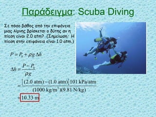 Παράδειγμα : Scuba Diving Σε πόσο βάθος από την επιφάνεια μιας λίμνης βρίσκεται ο δύτης αν η πίεση είναι  2.0 atm?  ( Σημείωση :   Η πίεση στην επιφάνεια είναι  1.0 atm.) 
