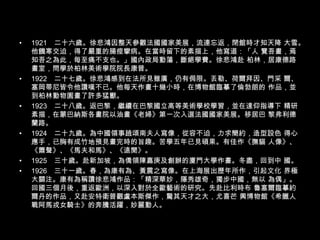 1921　二十六歲。徐悲鴻因整天參觀法國國家美展，流連忘返，閉館時才知天降 大雪。他饑寒交迫，得了嚴重的腸痙攣病。在當時留下的素描上，他寫道：「人 覽吾畫，焉知吾之為此，每至痛不支也。」國內政局動蕩，斷絕學費。徐悲鴻赴 柏林，居康德路畫室，問學於柏林美術學院院長康普。 1922　二十七歲。徐悲鴻感到在法所見雖廣，仍有侷限。丟勒、荷爾拜因、門采 爾、塞岡蒂尼皆令他讚嘆不已。他每天作畫十幾小時，在博物館臨摹了倫勃朗的 作品，並到柏林動物園畫了許多猛獸。 1923　二十八歲。返巴黎，繼續在巴黎國立高等美術學校學習，並在達仰指導下 精研素描，在蒙巴納斯各畫院以油畫《老婦》第一次入選法國國家美展。移居巴 黎弗利德蘭路。 1924　二十九歲。為中國領事趙頌南夫人寫像，從容不迫，力求簡約，造型設色 得心應手，已胸有成竹地預見畫完時的旨趣。苦學五年已見碩果。有佳作《撫貓 人像》、《簫聲》、《馬夫和馬》、《遠聞》。 1925　三十歲。赴新加坡，為僑領陳嘉庚及創辦的廈門大學作畫。冬盡，回到中 國。 1926　三十一歲。春，為康有為、黃震之寫像。在上海展出歷年所作，引起文化 界極大關注。康有為稱讚徐悲鴻作品：「精深華妙，隱秀雄奇，獨步中國，無以 為偶」。回國三個月後，重返歐洲，以深入對於全歐藝術的研究。先赴比利時布 魯塞爾臨摹約爾丹的作品，又赴安特衛普觀盧本斯傑作，驚其天才之大，尤喜芒 興博物館《希臘人戰阿馬戎女騎士》的奔騰活躍，妙麗動人。 
