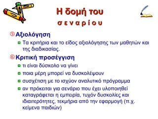 Η δομή του Αξιολόγηση Τα κριτήρια και το είδος αξιολόγησης των μαθητών και της διαδικασίας. Κριτική προσέγγιση τι είναι δύσκολο να γίνει ποια μέρη μπορεί να δυσκολέψουν συσχέτιση με το ισχύον αναλυτικό πρόγραμμα αν πρόκειται για σενάριο που έχει υλοποιηθεί καταγράφεται η εμπειρία, τυχόν δυσκολίες και ιδιαιτερότητες, τεκμήρια από την εφαρμογή (π.χ. κείμενα παιδιών)  σ ε ν α ρ ί ο υ 