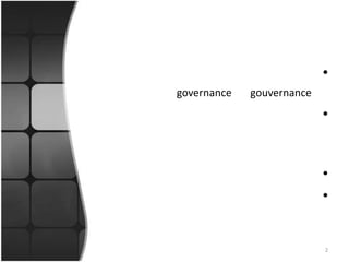 أسئلةماذا نعني بالإدارة الرشيدة(الحكامة)gouvernance أو governance؟ ما هي علاقتها وأبعادها الفكرية والتربوية والاجتماعية والسياسية والاقتصادية؟ وما علاقتها بالتنمية الإنسانية؟ما هي معاييرها؟ و كيف يمكن قياس فعالية ونتائج تطبيقها؟ 2