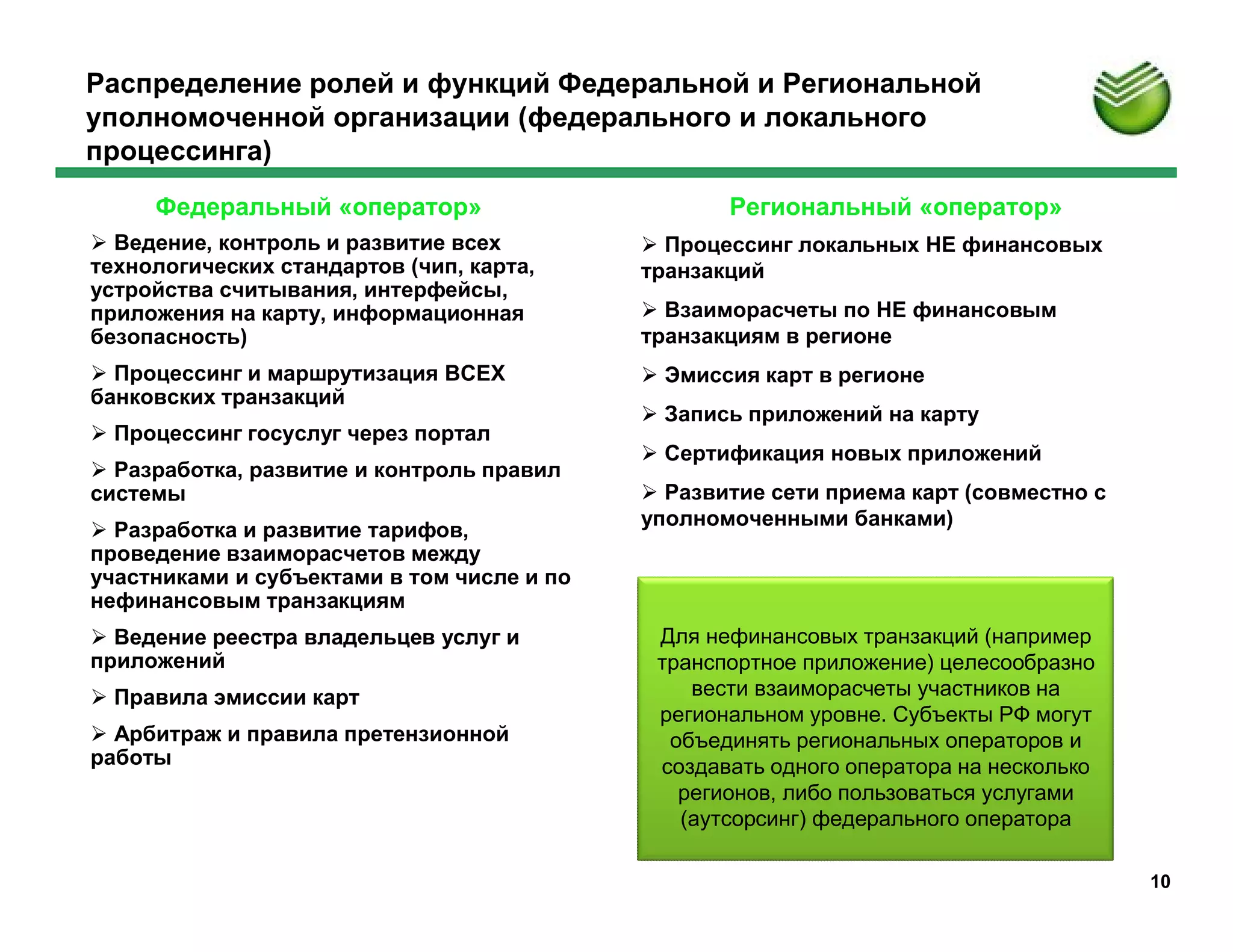 Распределение ролей и функций Федеральной и Региональной
уполномоченной организации (федерального и локального
процессинга)
     Федеральный «оператор»                        Региональный «оператор»
 Ведение, контроль и развитие всех          Процессинг локальных НЕ финансовых
технологических стандартов (чип, карта,     транзакций
устройства считывания, интерфейсы,
приложения на карту, информационная          Взаиморасчеты по НЕ финансовым
безопасность)                               транзакциям в регионе
 Процессинг и маршрутизация ВСЕХ            Эмиссия карт в регионе
банковских транзакций
                                             Запись приложений на карту
 Процессинг госуслуг через портал
                                             Сертификация новых приложений
 Разработка, развитие и контроль правил
системы                                      Развитие сети приема карт (совместно с
                                            уполномоченными банками)
 Разработка и развитие тарифов,
проведение взаиморасчетов между
участниками и субъектами в том числе и по
нефинансовым транзакциям
 Ведение реестра владельцев услуг и         Для нефинансовых транзакций (например
приложений                                   транспортное приложение) целесообразно
 Правила эмиссии карт                          вести взаиморасчеты участников на
                                             региональном уровне. Субъекты РФ могут
 Арбитраж и правила претензионной            объединять региональных операторов и
работы                                       создавать одного оператора на несколько
                                               регионов, либо пользоваться услугами
                                               (аутсорсинг) федерального оператора

                                                                                       10
 