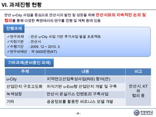 u-Eco 산단(u-Eco Industry)II. 설립 목적 - 전략체계안산u-City연구센터는 안산시를 국가대표급지자체로 혁신, 성장시킬 수 있는 정책 연구를 수행하며 국가적 엔터프라이즈 아키텍쳐 구축을 핵심가치로 내세우고 세계최고 수준의 학연산클러스터 기반 지자체 발전연구센터가 되고자 함“안산시를 국가대표급지자체로 혁신, 성장시킬 수 있는 연구센터”미션MissionEnterprise Architecture가치ValueIntegrationStandardizationGovernanceConvergence“세계 최고 수준의 학연산클러스터 기반 지차제 발전연구센터”비전Vision