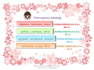 Ето верния отговор строим, печелим, учим ходиш, смяташ, ядеш играят, мечтаят, пишат подскача, плува, бяга всички глаголи са в 1.л., мн. ч. всички глаголи са в 2.л., ед. ч. всички глаголи са в 1.л., мн. ч. всички глаголи са в 3.л., ед. ч. Мариана Димитрова Радева, НУ"Алеко Константинов", гр. Харманли 