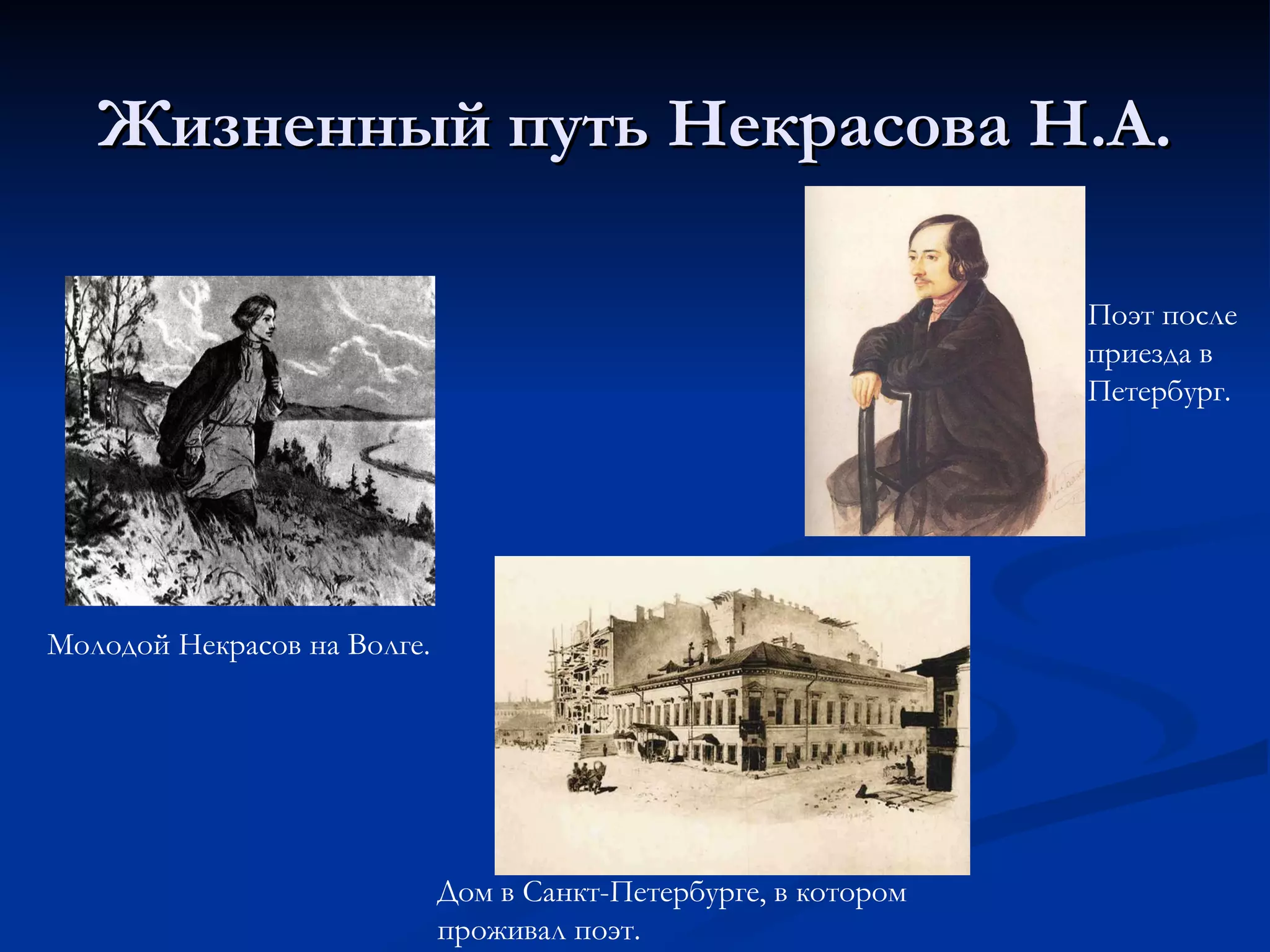 Жизненный путь Некрасова Н.А. Молодой Некрасов на Волге. Дом в Санкт-Петербурге, в котором проживал поэт. Поэт после приезда в Петербург. 
