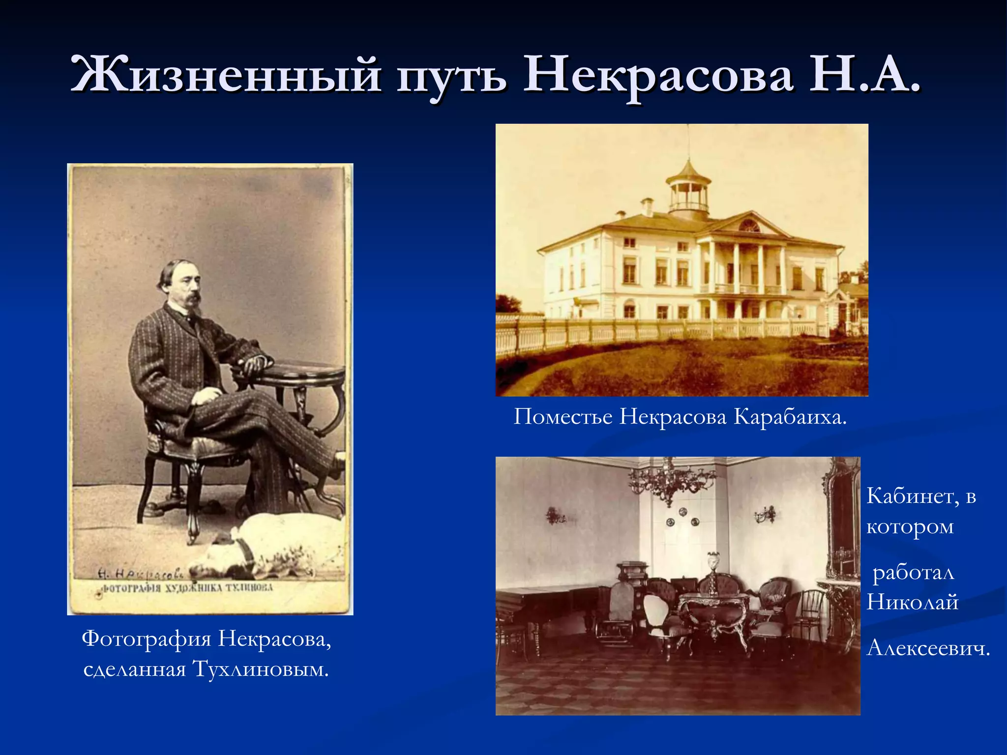 Жизненный путь Некрасова Н.А. Поместье Некрасова Карабаиха. Кабинет, в котором работал Николай  Алексеевич. Фотография Некрасова, сделанная Тухлиновым. 