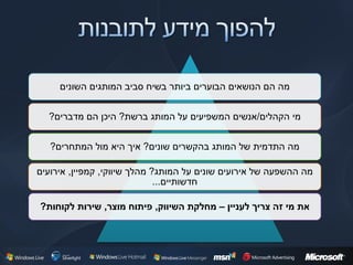 ‫מה הם הנושאים הבוערים ביותר בשיח סביב המותגים השונים‬


  ‫מי הקהלים/אנשים המשפיעים על המותג ברשת? היכן הם מדברים?‬


   ‫מה התדמית של המותג בהקשרים שונים? איך היא מול המתחרים?‬

‫מה ההשפעה של אירועים שונים על המותג? מהלך שיווקי, קמפיין, אירועים‬
                              ‫חדשותיים...‬

‫את מי זה צריך לעניין – מחלקת השיווק, פיתוח מוצר, שירות לקוחות?‬
 
