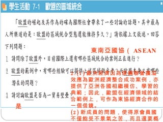 東南亞國協（ ASEAN  ）  2.(1) 歐洲經濟因為煤鋼聯營擴溢效應為歐洲經濟整合成功案例，亦提供了亞洲各國相繼模仿、學習的典範；因此，歐盟在經濟領域的結合範例上，可作為東協經濟合作的一個借鏡。 (2) 新成員的問題，使得原會員國不僅飽受不景氣之苦，而且還要概括承受東擴後的負擔。 是  