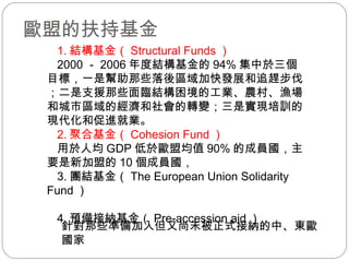 歐盟的扶持基金 1. 結構基金（ Structural Funds ） 2000 － 2006 年度結構基金的 94% 集中於三個目標，一是幫助那些落後區域加快發展和追趕步伐；二是支援那些面臨結構困境的工業、農村、漁場和城市區域的經濟和社會的轉變；三是實現培訓的現代化和促進就業。 2. 聚合基金（ Cohesion Fund ） 用於人均 GDP 低於歐盟均值 90% 的成員國，主要是新加盟的 10 個成員國， 3. 團結基金 （ The European Union Solidarity Fund ） 4. 預備接納基金（ Pre-accession aid ） 針對那些準備加入但又尚未被正式接納的中、東歐國家 