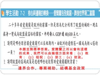 學生活動 邊界合作、專案補助、結構基金政策  本題並無標準答案。愛爾蘭之所以會有這樣的成果，我們可以由幾個方面來看： (1)  教育：  (2)  租稅： (3)  勞工： (4)  財政。 