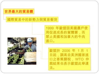 國際貿易中的新勢力與貿易衝突 1999  年歐盟因美國農戶使用促進成長的賀爾蒙，而禁止美國和加拿大的牛肉進口。 歐盟於  2006  年  1 月  1  日起，調高自美洲國家進口之香蕉關稅， WTO  仲裁結果也表示歐盟此舉違法。  世界最大的貿易體 