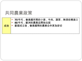 共同農業政策  70 年代，會員國所需的小麥、牛肉、蔬菜，無須依賴進口 80 年代，歐洲的農產品開始出超 歐盟成立後，會員國間的農業合作更為密切 成效 