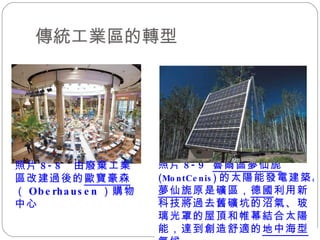 傳統工業區的轉型 照片 8-8  由廢棄工業區改建過後的 歐寶豪森 （ Oberhausen ）購物中心 照片 8-9  魯爾區夢仙旎 (MontCenis) 的太陽能發電建築。 夢仙旎 原是礦區， 德國 利用新科技將過去舊礦坑的沼氣、玻璃光罩的屋頂和帷幕結合太陽能，達到創造舒適的 地中海型 氣候。  