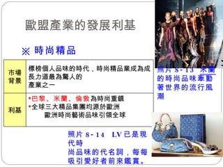 歐盟產業的發展利基 ※ 時尚精品 巴黎、米蘭、倫敦 為時尚重鎮 全球三大精品集團均源於歐洲  歐洲時尚藝術品味引領全球 利基 標榜個人品味的時代，時尚精品業成為成長力道最為驚人的 產業之一 市場背景 照片 8-13  米蘭 的時尚品味牽動著世界的流行風潮 照片 8-14  LV 已是現代時 尚品味的代名詞，每每吸引愛好者前來鑑賞。 