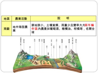 耕地狹小、土壤貧瘠、雨量少且變率大  兩年輪作區 內農產如葡萄酒、橄欖油、柑橘等，名聞全球 地中海型農業 南歐 說　　明 農業活動 地區 