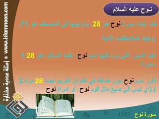 عدد آيات سورة  نوح  هو  28 ، وترتيبها في المصحف هو  71. نـوح عليه السلام وإليك الملاحظات الآتية : 1. عدد السور التي ورد فيها اسم  نوح ، عليه السلام، هو  28   سورة . 2. تكرّر اسم  نوح  دون إضافة في القرآن الكريم أيضاً  28   مرّة  ( أي ليس في صيغ مثل قوم  نوح ، أو امرأة  نوح ). سورة نوح   