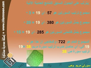 يترتّب على الجدول السابق النتائج العدديّة الآتية : مجموع ترتيب السورتين هو  57 ، أيّ  19  × 3 مجموع جُمّل السورتين هو  380 ، أيّ  19  × 20 مجموع جُمّل فاتحتيّ السورتين هو  285 ، أيّ  19  × 15 المجموع العام هو  722 ، والمفاجئ أنّ هذا هو 19 ×  38 ، أي حاصل ضرب ترتيب سورة مريم  19   في ترتيب سورة ص  38 سورتيّ مريم  وص 