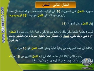 سورة  النحل  هي السورة  16   في ترتيب المصحف، والملاحظ أنّ عدد كروموسومات ذكر  النحل  هو أيضاً  16  كروموسوماً . أ .   النحل  ورقم السورة  ( 16 ): لم ترد كلمة النحل في القرآن الكريم إلا في الآية  68  من سورة  النحل : " وأوحى ربك إلى  النحل  أن اتخذي من الجبال بيوتاً ومن الشجر ومما يعرشون ". اللافت أن عدد الحروف من بداية الآية وحتى كلمة  النحل  هو  16   حرفاً . يصبح الأمر لافتاً أكثر عندما نعلم أنّ آية  النحل  تتكوّن من  16   حرفاً هجائياً هي : ( ا،ب،ج،و،ح،ي،ك،ل،م،ن،ع،ر،ش،ت،خ،ذ ). المثال الثاني :  النحـل النحـل 