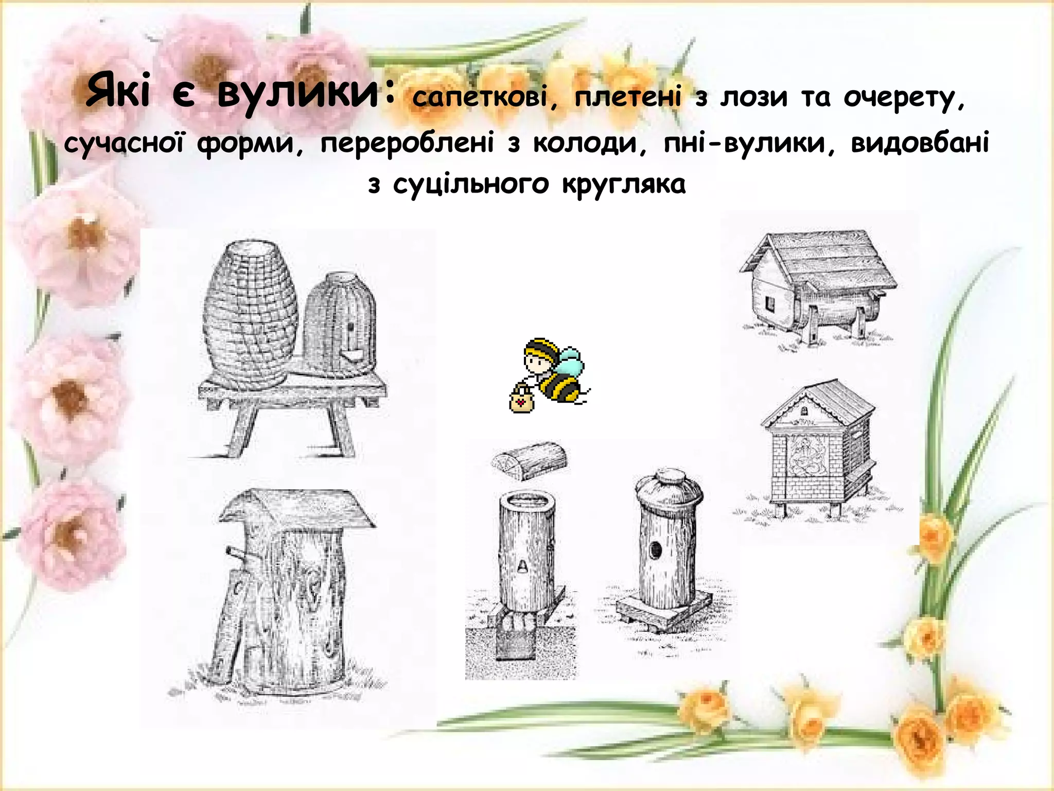 Які є вулики:  сапеткові, плетені з лози та очерету, сучасної форми, перероблені з колоди, пні-вулики, видовбані з суцільного кругляка 