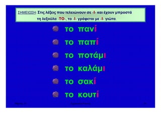 Μάρτιος 10 Εµµανουήλ Ράντος 26
το πανί
το παπί
το ποτάµι
το καλάµι
το σακί
το κουτί
ΣΗΜΕΙ ΣΗ: Στις λέξεις που τελειώνουν σε -ι- και έχουν µπροστά
τη λεξούλα -το-, το -ι- γράφεται µε -ι- γιώτα.
 