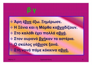 Μάρτιος 10 Εµµανουήλ Ράντος 41
Άρη έβγα έξω. Ξηµέρωσε.
Η Ξένια και η Μάρθα καβγαδίζουν.
Στο καλάθι έχει πολλά αβγά.
Στον ουρανό βγήκαν τα αστέρια.
Ο σκύλος γάβγισε ξανά.
Στη νονά πάµε κόκκινα αβγά.
β γ
 