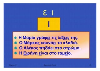 Μάρτιος 10 Εµµανουήλ Ράντος 45
ε ι
ι
Η Μαρία γράφει τις λέξεις της.
Ο Μάρκος κουνάει τα κλαδιά.
Ο Αλέκος πηδάει στο στρώµα.
Η Ειρήνη είναι στο ταµείο.
 