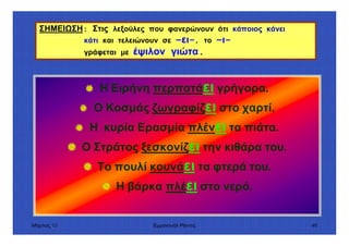 Μάρτιος 10 Εµµανουήλ Ράντος 48
Η Ειρήνη περπατάει γρήγορα.
Ο Κοσµάς ζωγραφίζει στο χαρτί.
Η κυρία Ερασµία πλένει τα πιάτα.
Ο Στράτος ξεσκονίζει την κιθάρα του.
Το πουλί κουνάει τα φτερά του.
Η βάρκα πλέει στο νερό.
ΣΗΜΕΙ ΣΗ: Στις λεξούλες που φανερώνουν ότι κάποιος κάνει
κάτι και τελειώνουν σε –ει-, το –ι-
γράφεται µε έψιλον γιώτα.
 