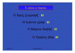Μάρτιος 10 Εµµανουήλ Ράντος 49
Τι κάνει η παρέα;
Ο Άρης ζωγραφίζ
Η Ιωάννα γράφ
Η Μαρίνα διαβάζ
Ο Ορφέας βάφ
ει
ει
ει
ει
.
.
.
.
 
