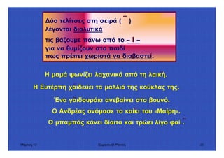 Μάρτιος 10 Εµµανουήλ Ράντος 55
ύο τελίτσες στη σειρά ( ¨ )
λέγονται διαλυτικά
τις βάζουµε πάνω από το – ι –
για να θυµίζουν στο παιδί
πως πρέπει χωριστά να διαβαστεί.
Η µαµά ψωνίζει λαχανικά από τη λαική.¨
Η Ευτέρπη χαιδεύει τα µαλλιά της κούκλας της.¨
Ένα γαιδουράκι ανεβαίνει στο βουνό.¨
Ο Ανδρέας ονόµασε το καίκι του «Μαίρη».¨
Ο µπαµπάς κάνει δίαιτα και τρώει λίγο φαί .¨
 