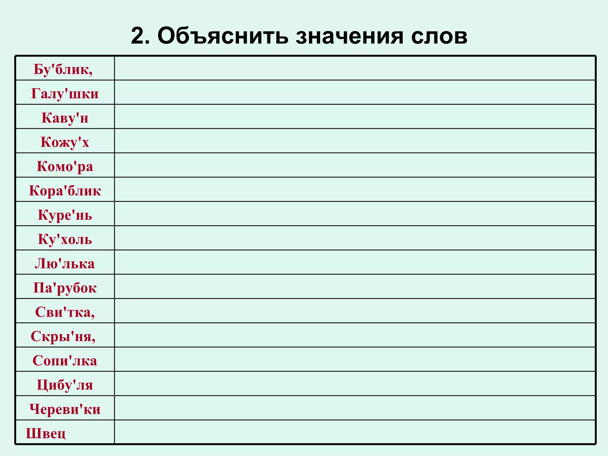 2. Объяснить значения слов   Швец  Череви'ки Цибу'ля Сопи'лка Скры'ня,  Сви'тка, Па'рубок Лю'лька Ку'холь Куре'нь Кора'блик Комо'ра Кожу'х Каву'н Галу'шки Бу'блик,  