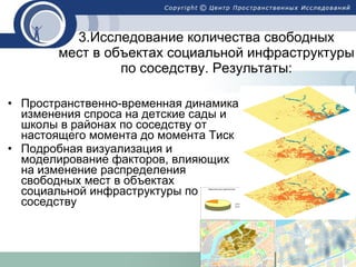 Пространственно-временная динамика изменения спроса на детские сады и школы в районах по соседству от настоящего момента до момента Тиск  Подробная визуализация и моделирование факторов, влияющих на изменение распределения свободных мест в объектах социальной инфраструктуры по соседству  3.Исследование количества свободных мест в объектах социальной инфраструктуры по соседству. Результаты: 