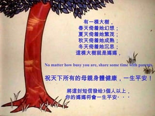 有一棵大樹，
                春天倚着她幻想；
                夏天倚着她繁茂；
                秋天倚着她成熟；
                冬天倚着她沉思；
                這棵大樹就是媽媽，

No matter how busy you are, share some time with parents.


祝天下所有的母親身體健康，一生平安！

          將這封短信發给3個人以上，
          你的媽媽将會一生平安・・・
 