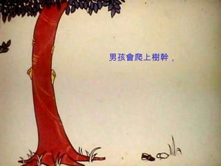 男孩會爬上樹幹，
 