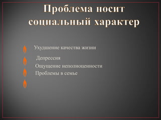 Ухудшение качества жизни Депрессия Ощущение неполноценности Проблемы в семье 