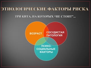 ВОЗРАСТ СОСУДИСТАЯ ПАТОЛОГИЯ ПСИХО - СОЦИАЛЬНЫЕ  ФАКТОРЫ ТРИ КИТА, НА КОТОРЫХ  “ НЕ СТОИТ ” ... 