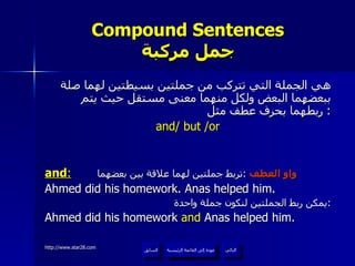 Compound Sentences جمل مركبة هي الجملة التي تتركب من جملتين بسيطتين لهما صلة ببعضهما البعض ولكل منهما معنى مستقل حيث يتم ربطهما بحرف عطف مثل :  and/ but /or and :   واو العطف   : تربط جملتين لهما علاقة بين بعضهما   Ahmed did his homework. Anas helped him. يمكن ربط الجملتين لنكون جملة واحدة  : Ahmed did his homework  and  Anas helped him. عودة إلى القائمة الرئيسية عودة إلى القائمة الرئيسية التالي السابق 